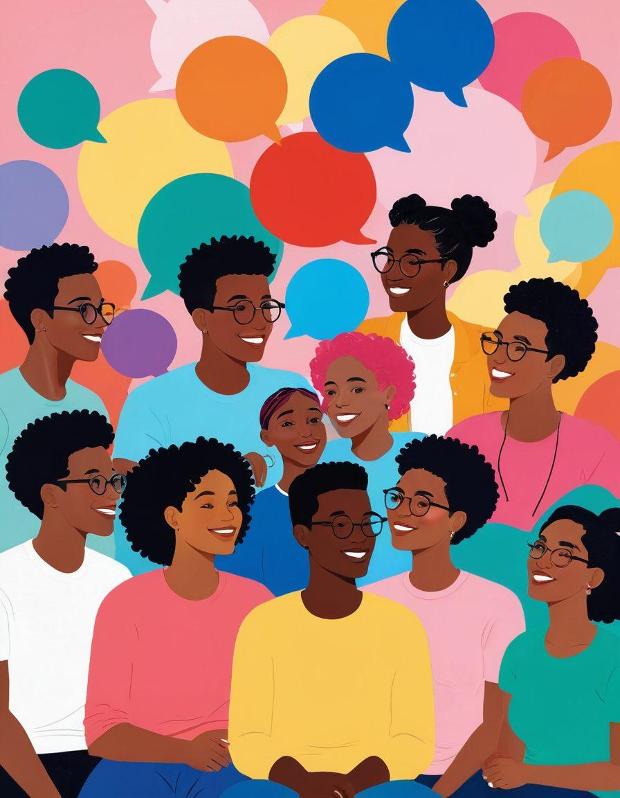 A vibrant online community scene depicting diverse queer individuals engaging in discussions about sexual health and pleasure. Include elements like colorful chat bubbles, inclusive symbols, and playful motifs symbolizing joy and acceptance. Background should be a digital landscape filled with soft pastels and bold accents, representing an inviting yet informative space. super-realistic. vibrant colors. digital art.