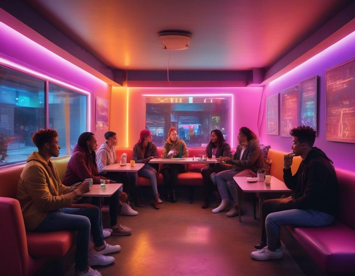 A diverse group of LGBTQ+ individuals gathered in a warm, cozy digital café, illuminated by soft neon lights. They are engaged in deep conversations, showcasing various modes of love and pleasure, with digital devices nearby symbolizing the influence of the digital age. The atmosphere exudes intimacy and connection, reflecting unity in diversity. Include elements of rainbow colors subtly integrated throughout the scene. vibrant colors. super-realistic.