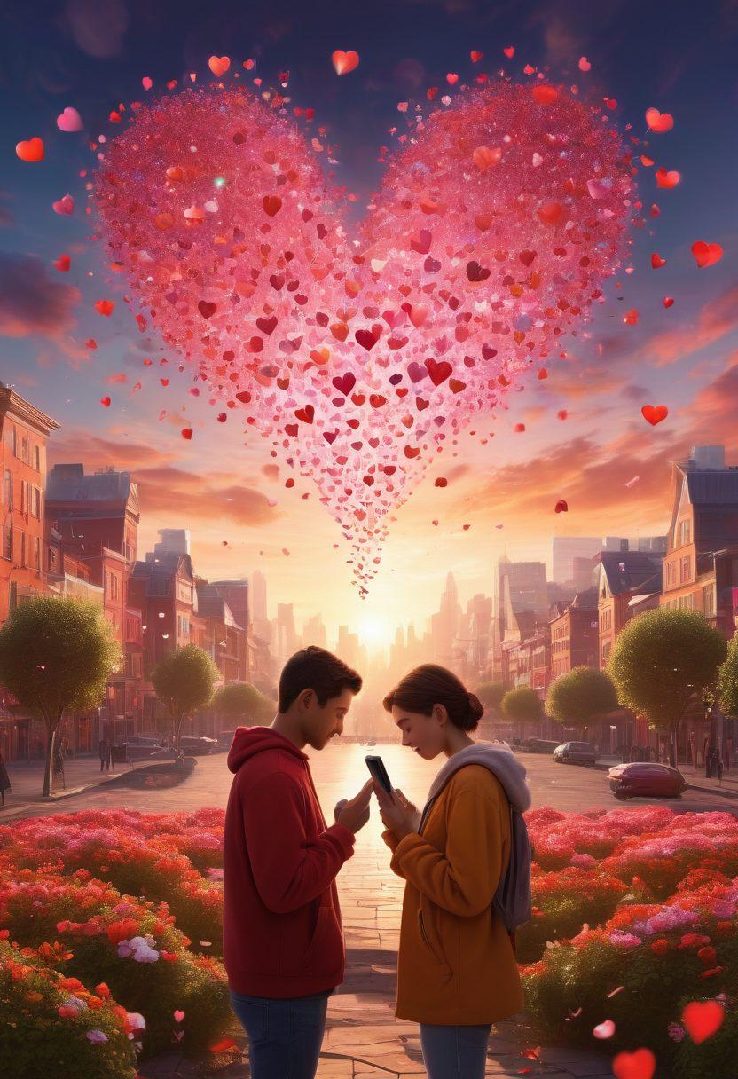 A digital landscape depicting a couple connecting through their phones, surrounded by hearts and messages floating in the air. The background shows a blend of a cityscape and nature, symbolizing the fusion of technology and romance. Include warm colors to evoke feelings of love and connection. super-realistic. vibrant colors. 3D.